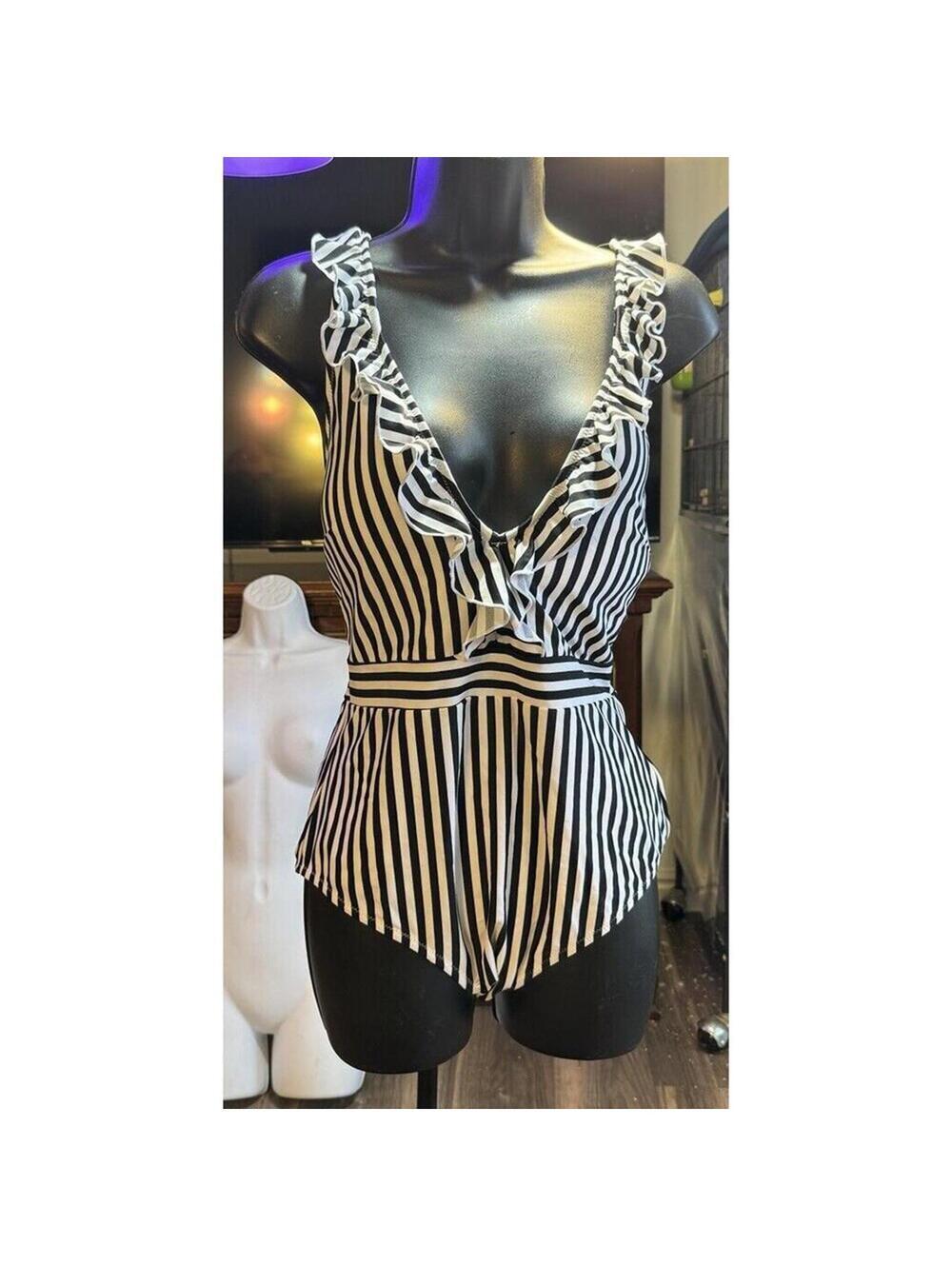 SWIM Black and White Zebra Stripe Ruffle One-Piece Swimsuit